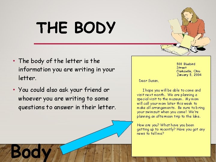 THE BODY • The body of the letter is the information you are writing