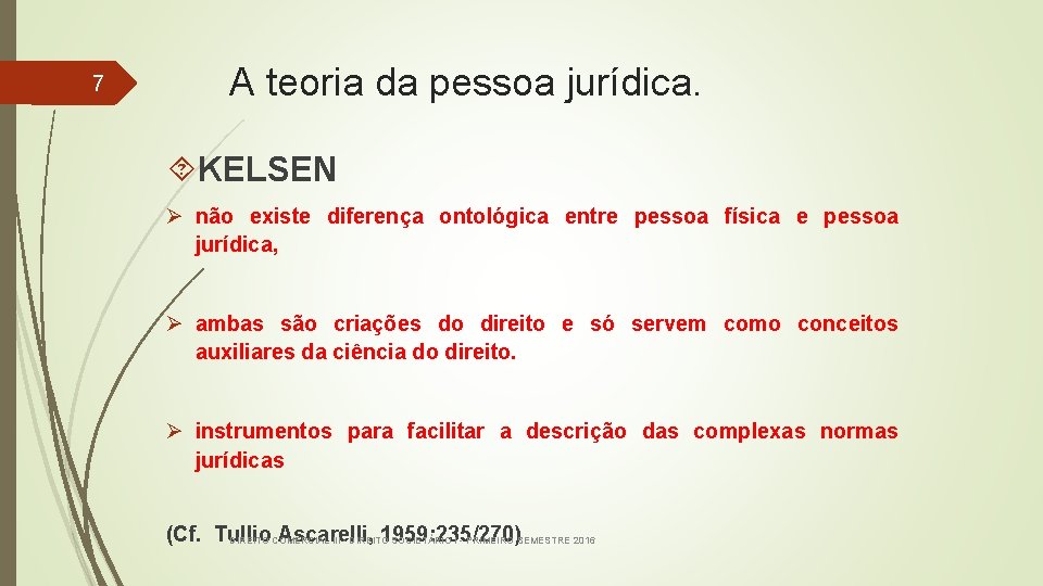 7 A teoria da pessoa jurídica. KELSEN Ø não existe diferença ontológica entre pessoa