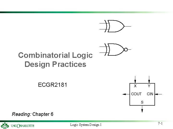 Combinatorial Logic Design Practices ECGR 2181 Reading Chapter