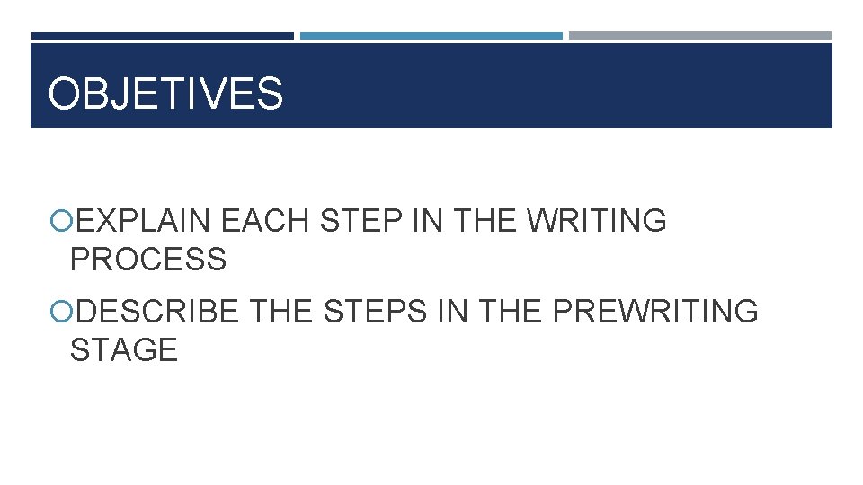 OBJETIVES EXPLAIN EACH STEP IN THE WRITING PROCESS DESCRIBE THE STEPS IN THE PREWRITING