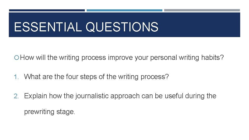 ESSENTIAL QUESTIONS How will the writing process improve your personal writing habits? 1. What
