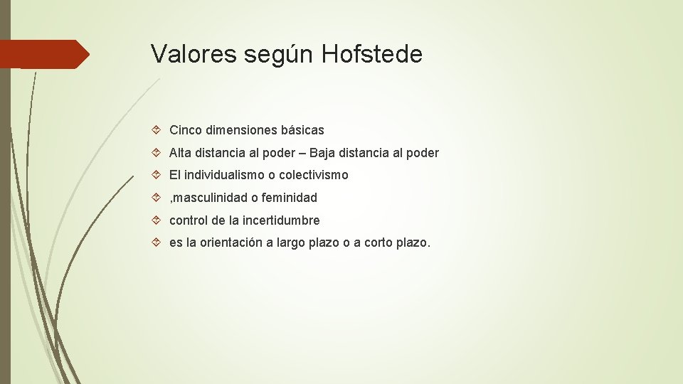 Valores según Hofstede Cinco dimensiones básicas Alta distancia al poder – Baja distancia al