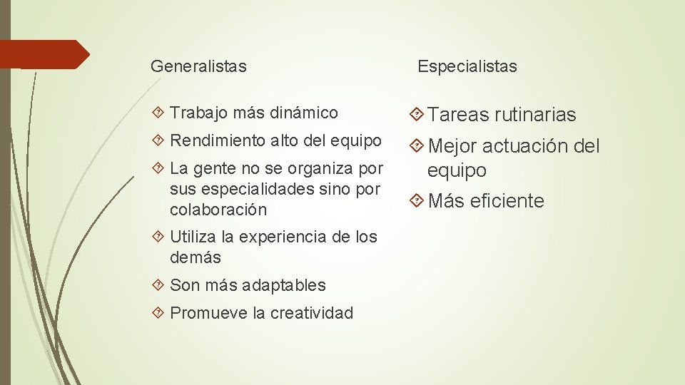 Generalistas Especialistas Trabajo más dinámico Tareas rutinarias Rendimiento alto del equipo Mejor actuación del