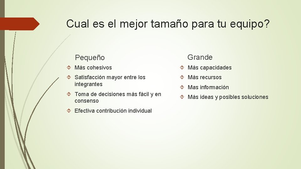 Cual es el mejor tamaño para tu equipo? Pequeño Grande Más cohesivos Más capacidades