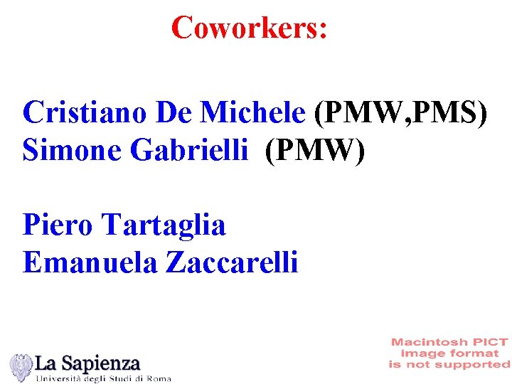 Coworkers: Cristiano De Michele (PMW, PMS) Simone Gabrielli (PMW) Piero Tartaglia Emanuela Zaccarelli 