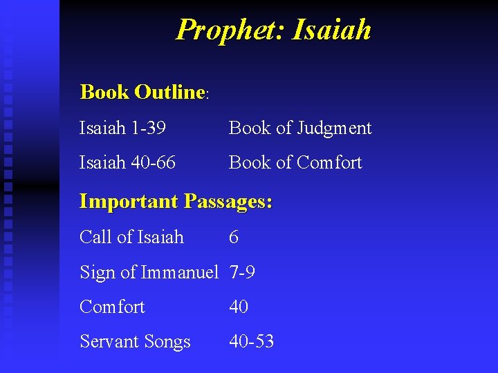 Prophet: Isaiah Book Outline: Isaiah 1 -39 Book of Judgment Isaiah 40 -66 Book