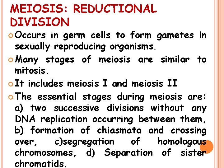 MEIOSIS: REDUCTIONAL DIVISION Occurs in germ cells to form gametes in sexually reproducing organisms.