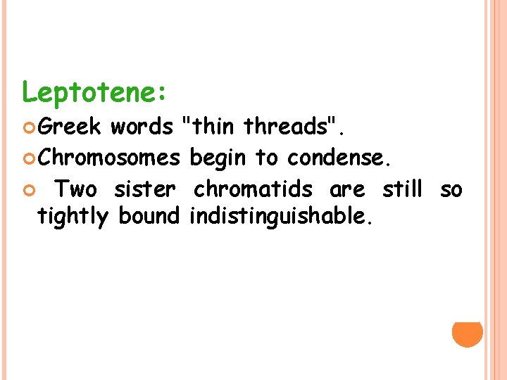 Leptotene: Greek words "thin threads". Chromosomes begin to condense. Two sister chromatids are still