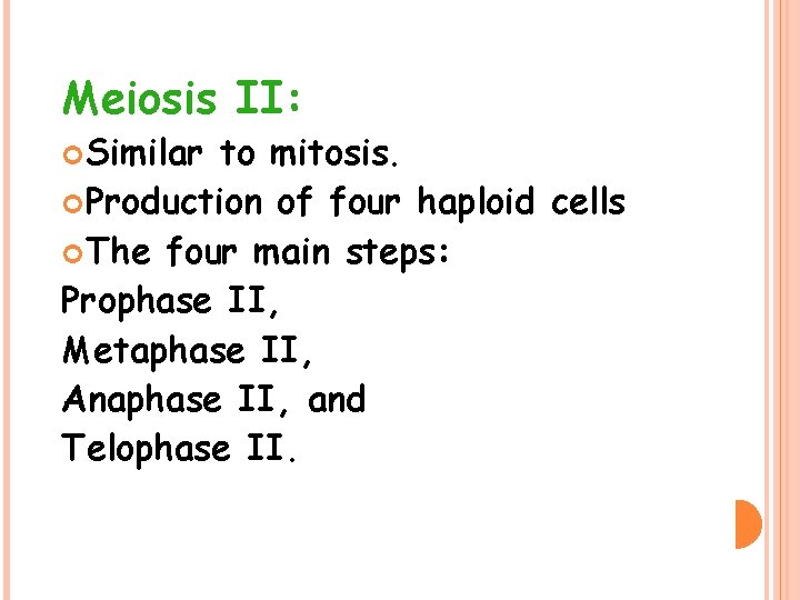 Meiosis II: Similar to mitosis. Production of four haploid cells The four main steps: