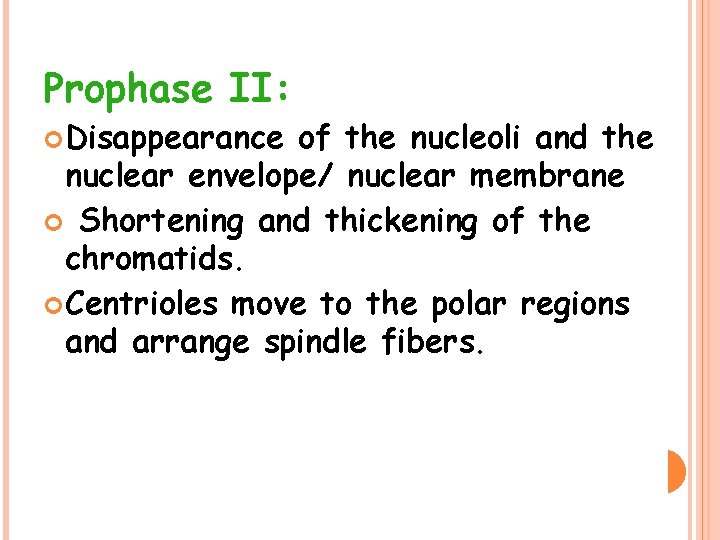Prophase II: Disappearance of the nucleoli and the nuclear envelope/ nuclear membrane Shortening and