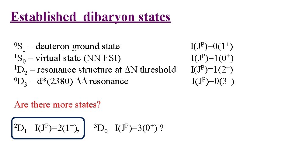 Established dibaryon states 0 S 1 – deuteron ground state 1 S – virtual