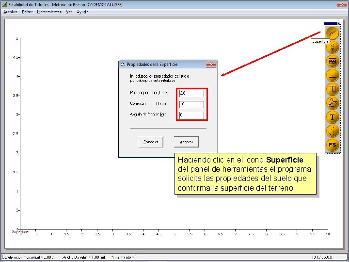 Haciendo clic en el icono Superficie del panel de herramientas el programa solicita las