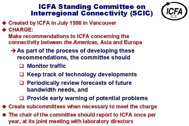 ICFA Standing Committee on Interregional Connectivity (SCIC) u Created by ICFA in July 1998