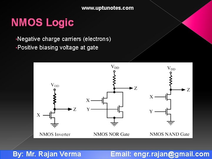 www. uptunotes. com NMOS Logic • Negative charge carriers (electrons) • Positive biasing voltage