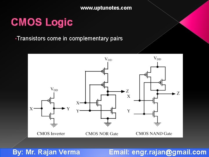 www. uptunotes. com CMOS Logic • Transistors come in complementary pairs By: Mr. Rajan
