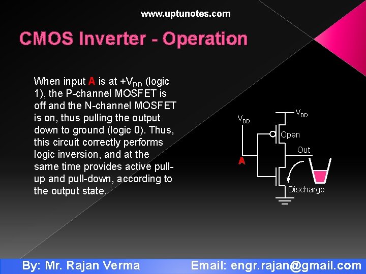 www. uptunotes. com CMOS Inverter - Operation When input A is at +VDD (logic
