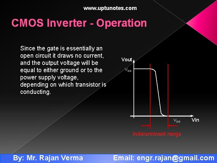 www. uptunotes. com CMOS Inverter - Operation Since the gate is essentially an open