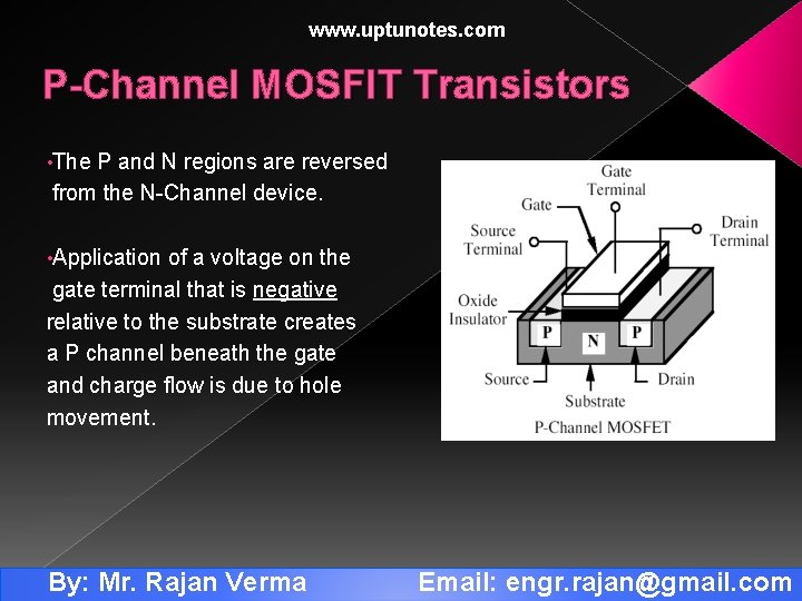 www. uptunotes. com P-Channel MOSFIT Transistors • The P and N regions are reversed