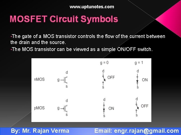 www. uptunotes. com MOSFET Circuit Symbols • The gate of a MOS transistor controls