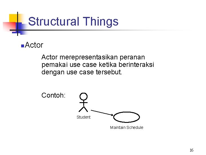 Structural Things n Actor merepresentasikan peranan pemakai use case ketika berinteraksi dengan use case