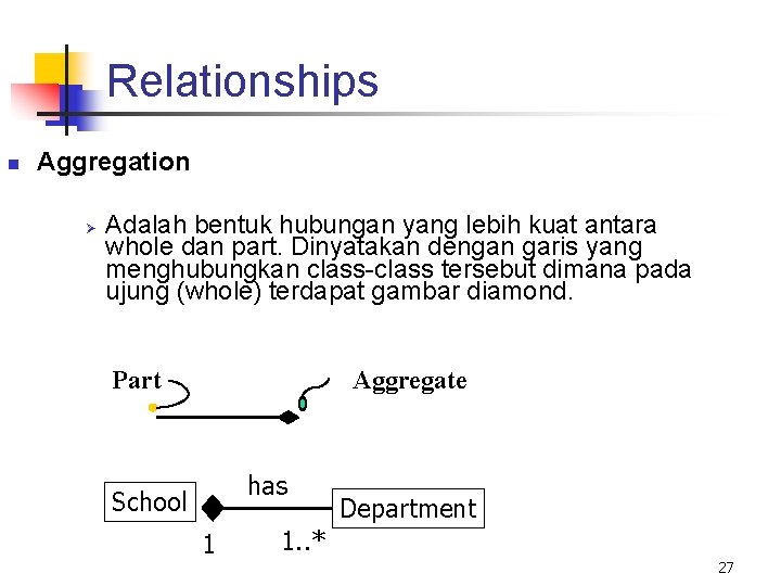 Relationships n Aggregation Ø Adalah bentuk hubungan yang lebih kuat antara whole dan part.