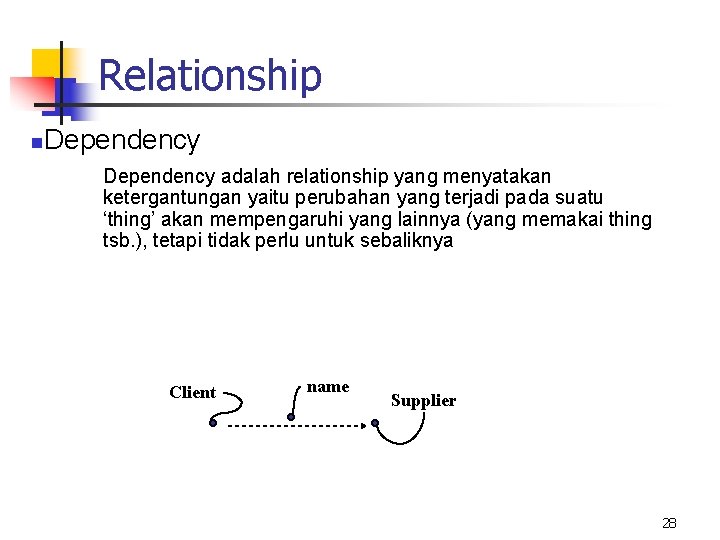 Relationship n Dependency adalah relationship yang menyatakan ketergantungan yaitu perubahan yang terjadi pada suatu