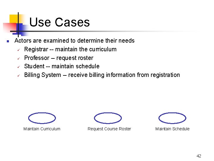 Use Cases n Actors are examined to determine their needs ü Registrar maintain the