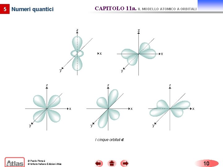 5 Numeri quantici CAPITOLO 11 a. IL MODELLO ATOMICO A ORBITALI I cinque orbitali
