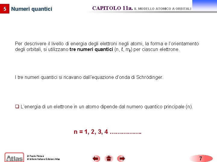 5 Numeri quantici CAPITOLO 11 a. IL MODELLO ATOMICO A ORBITALI Per descrivere il