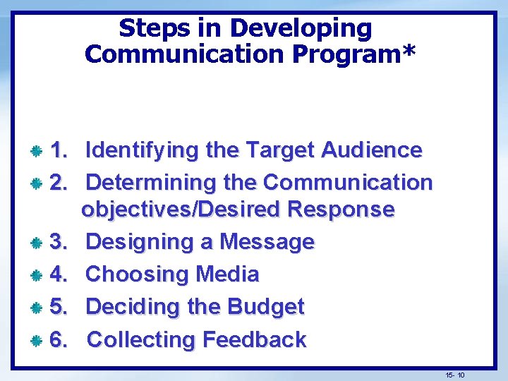 Steps in Developing Communication Program* 1. Identifying the Target Audience 2. Determining the Communication