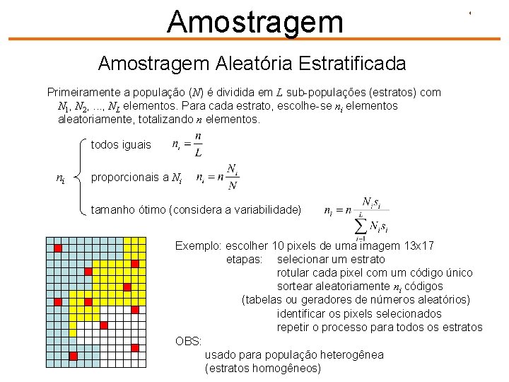 Amostragem Aleatória Estratificada Primeiramente a população (N) é dividida em L sub-populações (estratos) com