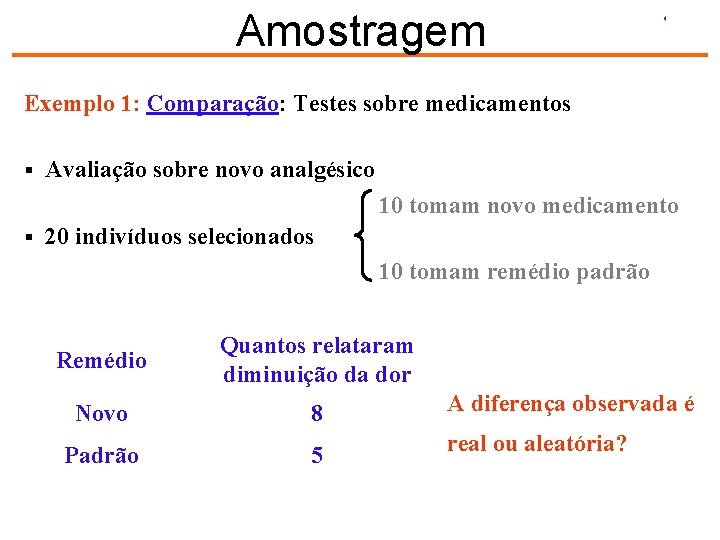 Amostragem Exemplo 1: Comparação: Testes sobre medicamentos § Avaliação sobre novo analgésico 10 tomam