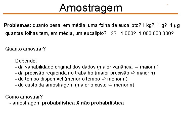 Amostragem Problemas: quanto pesa, em média, uma folha de eucalipto? 1 kg? 1 g