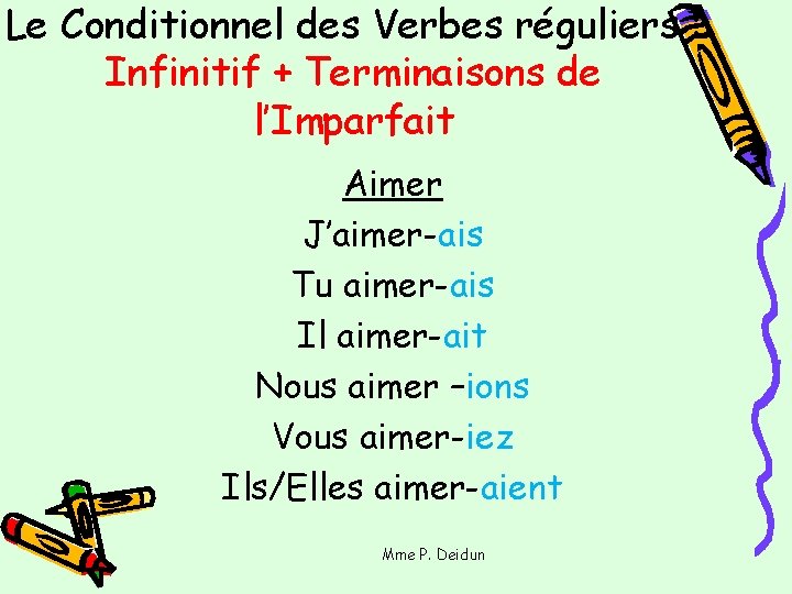 Le Conditionnel des Verbes réguliers : Infinitif + Terminaisons de l’Imparfait Aimer J’aimer-ais Tu