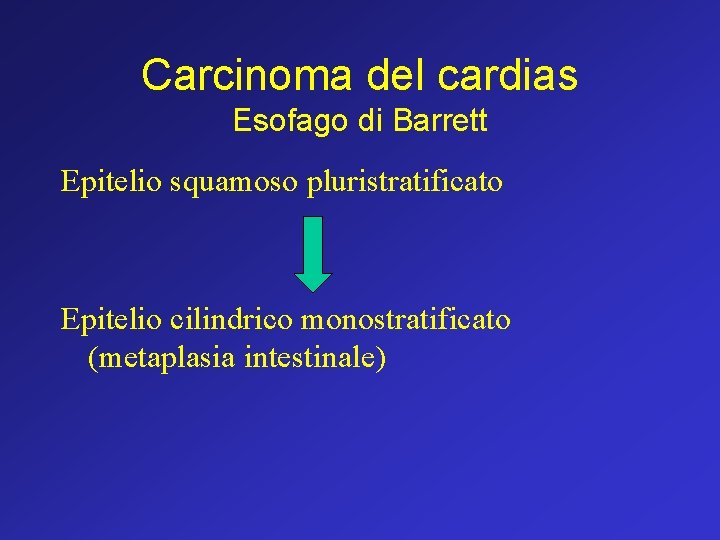 Carcinoma del cardias Esofago di Barrett Epitelio squamoso pluristratificato Epitelio cilindrico monostratificato (metaplasia intestinale)