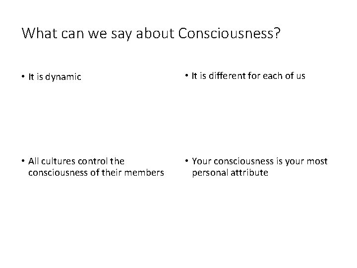 What can we say about Consciousness? • It is dynamic • It is different