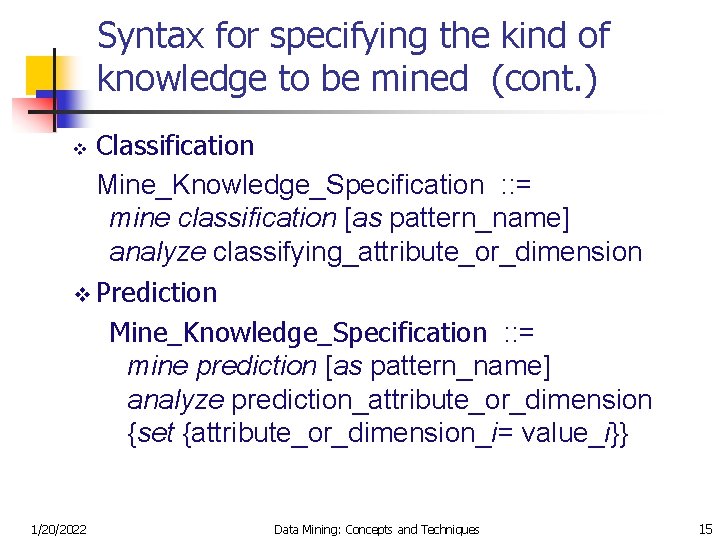 Syntax for specifying the kind of knowledge to be mined (cont. ) Classification Mine_Knowledge_Specification