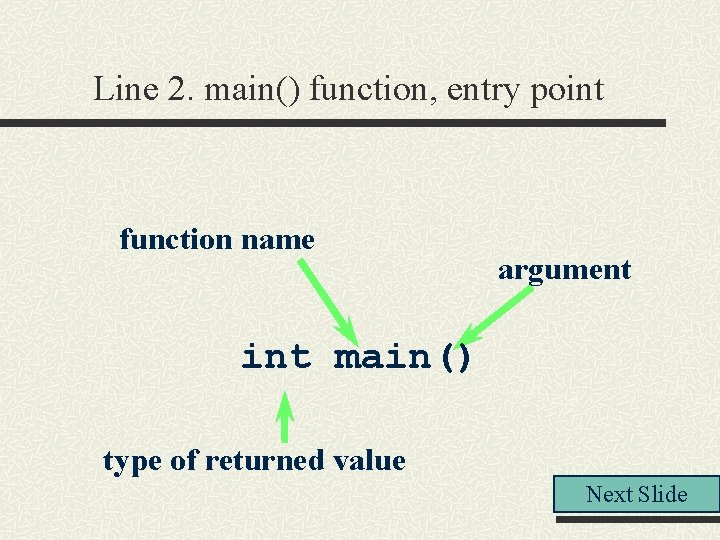 Line 2. main() function, entry point function name argument int main() type of returned Line 2. main() function, entry point function name argument int main() type of returned