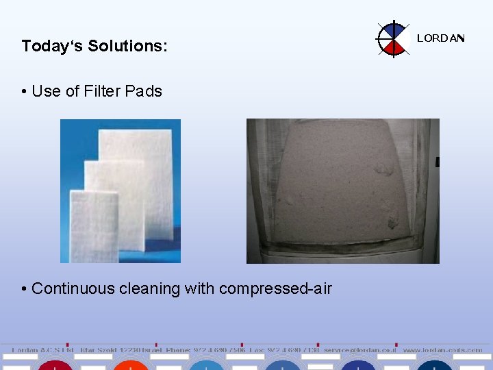 Today‘s Solutions: • Use of Filter Pads • Continuous cleaning with compressed-air LORDAN 