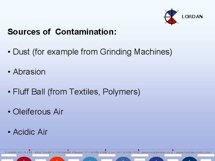 LORDAN Sources of Contamination: • Dust (for example from Grinding Machines) • Abrasion •