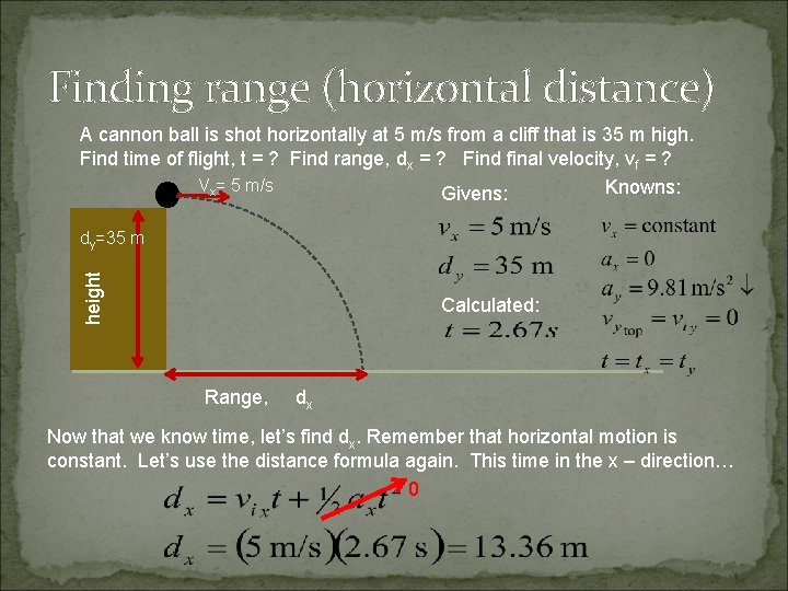 Finding range (horizontal distance) A cannon ball is shot horizontally at 5 m/s from