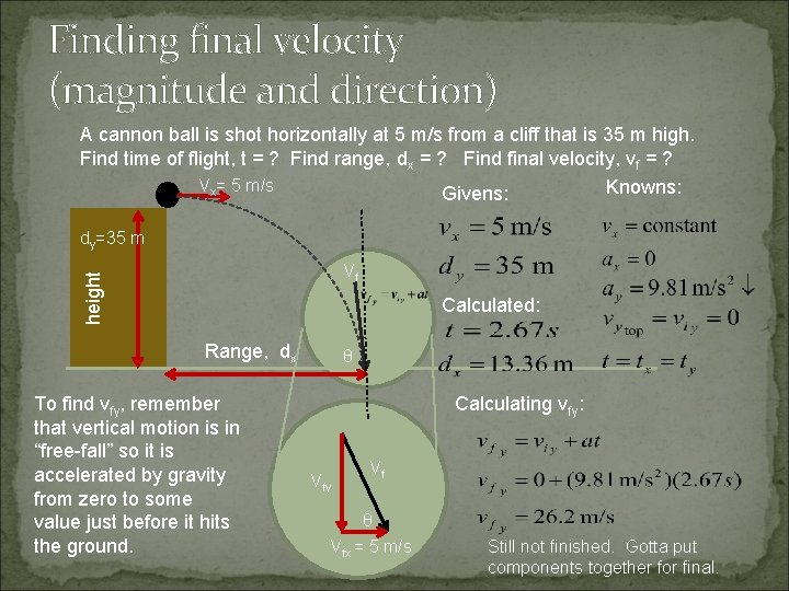 Finding final velocity (magnitude and direction) A cannon ball is shot horizontally at 5