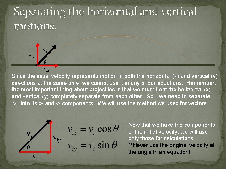 Separating the horizontal and vertical motions. viy vi θ vix Since the initial velocity