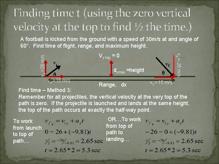 Finding time t (using the zero vertical velocity at the top to find ½