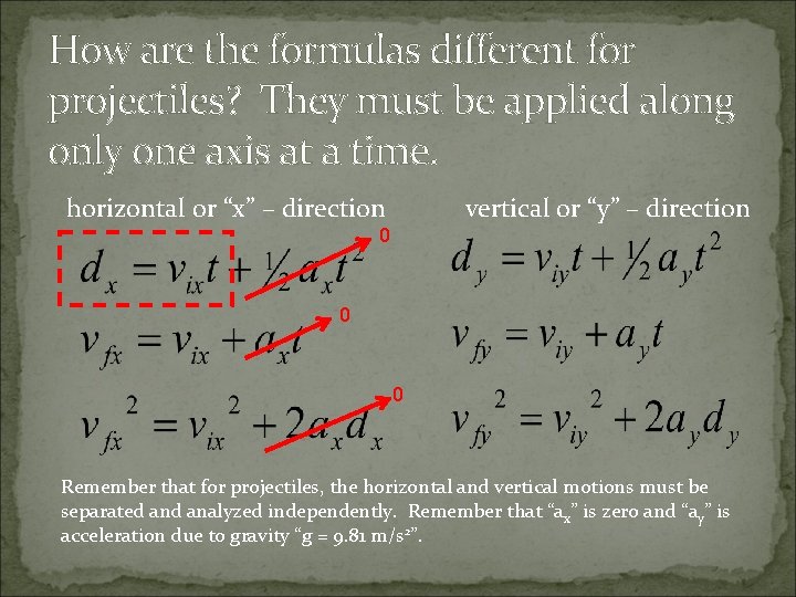 How are the formulas different for projectiles? They must be applied along only one