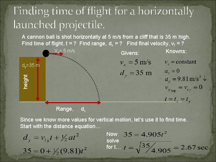 Finding time of flight for a horizontally launched projectile. A cannon ball is shot