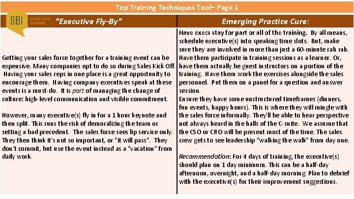 Top Training Techniques Tool– Page 1 “Executive Fly-By” Emerging Practice Cure: Have execs stay