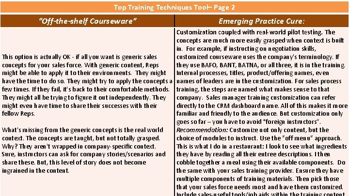 Top Training Techniques Tool– Page 2 “Off-the-shelf Courseware” Emerging Practice Cure: Customization coupled with