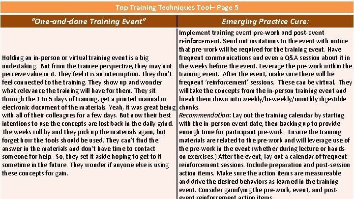 Top Training Techniques Tool– Page 5 “One-and-done Training Event” Emerging Practice Cure: Implement training