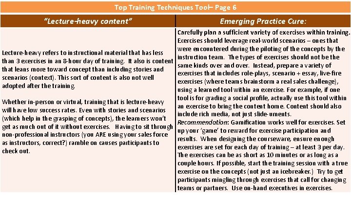 Top Training Techniques Tool– Page 6 “Lecture-heavy content” Emerging Practice Cure: Carefully plan a